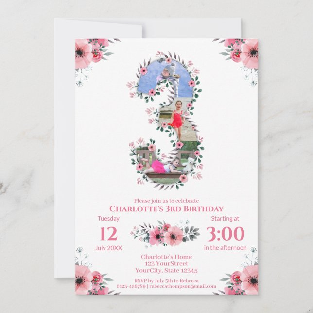 Big 3rd Birthday Girl Photo Collage Pink Flower Invitation (Front)