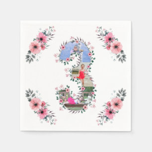 Big 3rd Birthday Girl Photo Collage Pink Flower Napkin