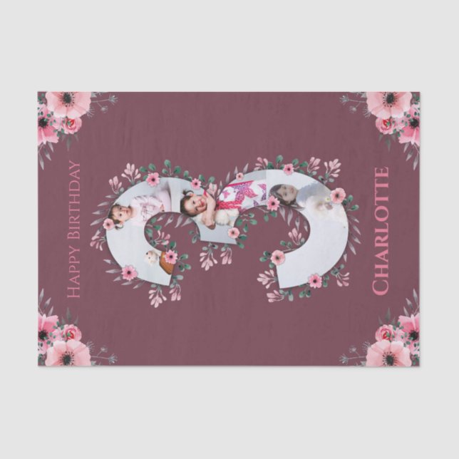 Big 3rd Birthday Girl Photo Collage Pink Flower Tissue Paper (Front)