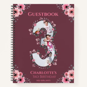 Big 3rd Birthday Girl Photo Pink Flower Guest Book