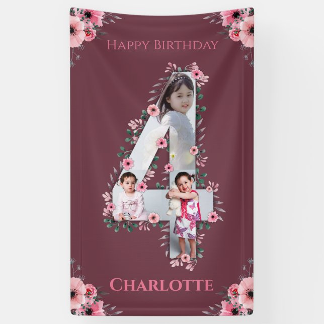 Big 4th Birthday Girl Photo Collage Pink Flower Banner (Vertical)