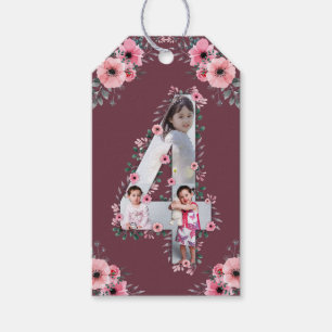 Big 4th Birthday Girl Photo Collage Pink Flower Gift Tags