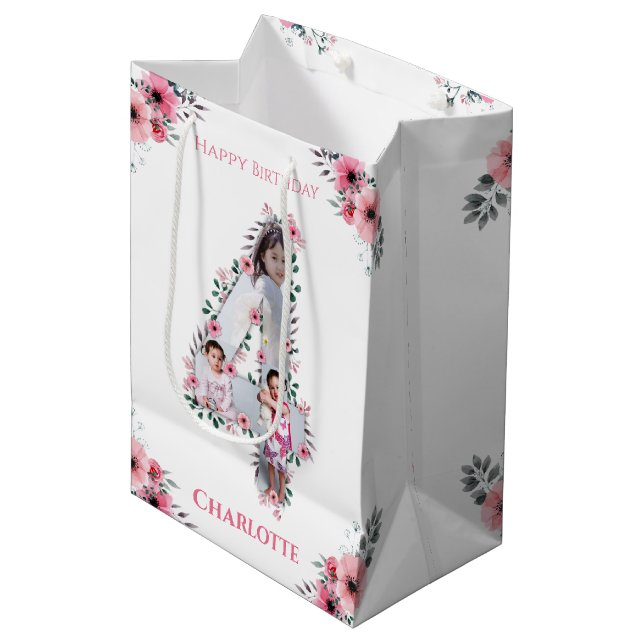 Big 4th Birthday Girl Photo Collage Pink Flower Medium Gift Bag (Front Angled)