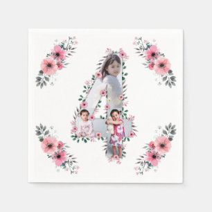 Big 4th Birthday Girl Photo Collage Pink Flower Napkin