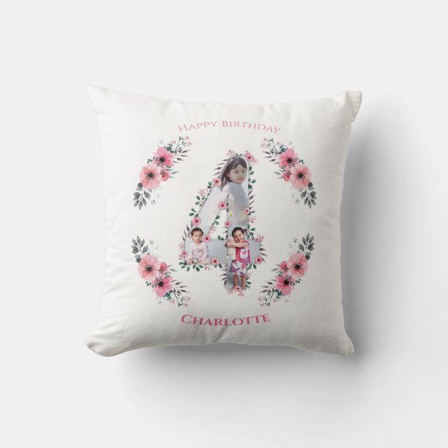 Big 4th Birthday Girl Photo Collage Pink Flower Throw Pillow (Front)