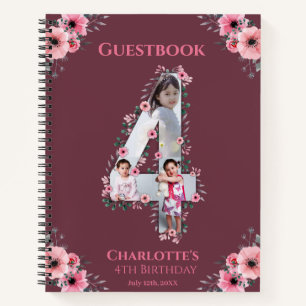 Big 4th Birthday Girl Photo Pink Flower Guest Book