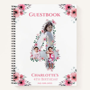 Big 4th Birthday Girl Photo Pink Flower Guest Book
