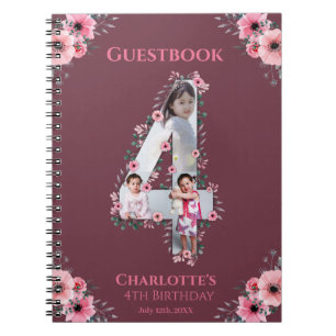 Big 4th Birthday Girl Photo Pink Flower Guest Book
