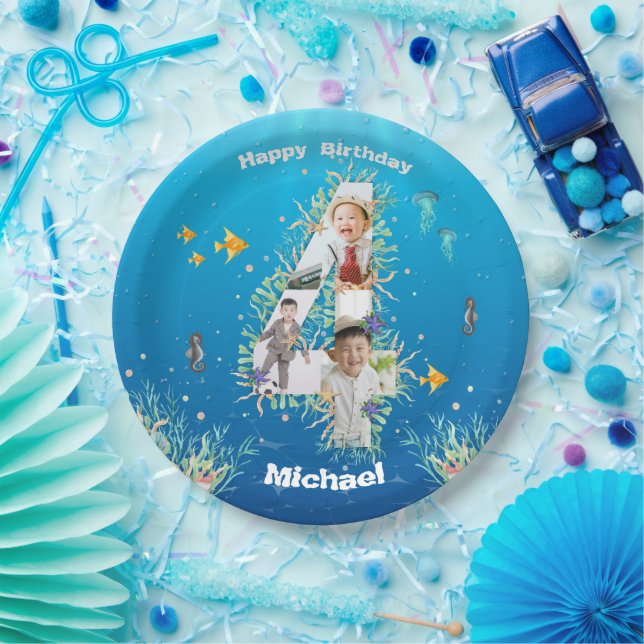 Big 4th Birthday Photo Collage Under The Sea Paper Plate (Party)