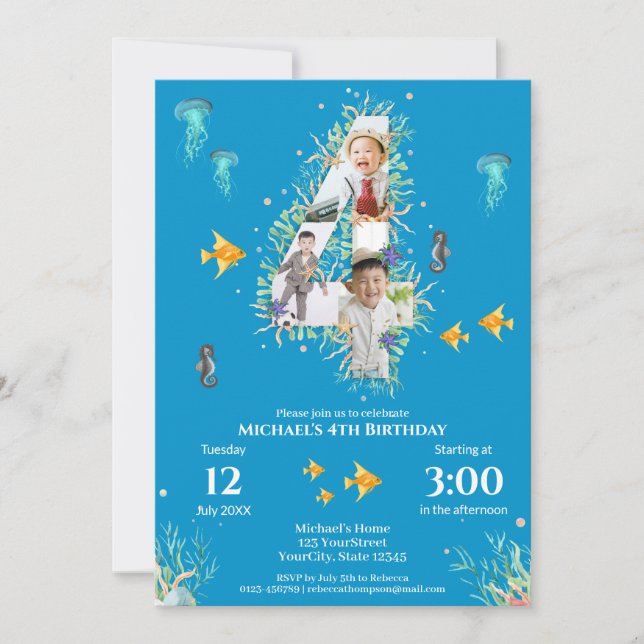 Big 4th Photo Collage Birthday Under The Sea Invitation (Front)