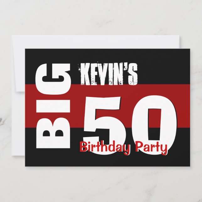 Big 50 Birthday Modern Red White Black W1709 Invitation (Front)