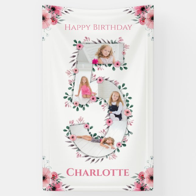 Big 5th Birthday Girl Photo Collage Pink Flower Banner (Vertical)