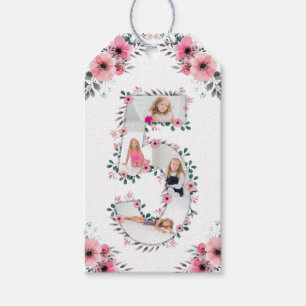 Big 5th Birthday Girl Photo Collage Pink Flower Gift Tags
