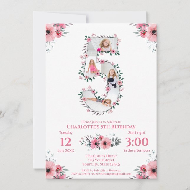 Big 5th Birthday Girl Photo Collage Pink Flower Invitation (Front)