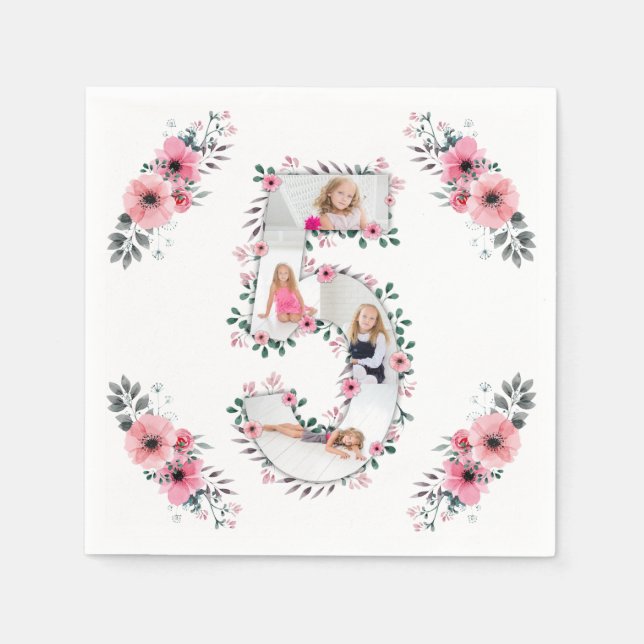 Big 5th Birthday Girl Photo Collage Pink Flower Napkin (Front)