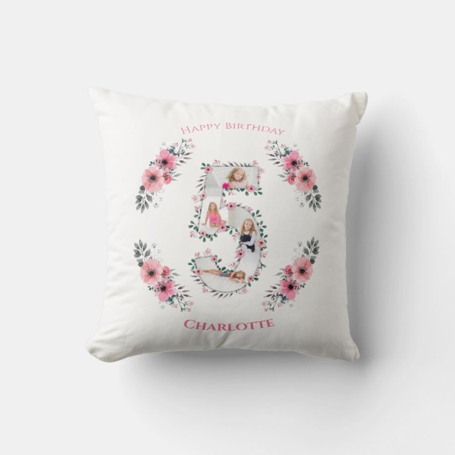 Big 5th Birthday Girl Photo Collage Pink Flower Throw Pillow (Front)