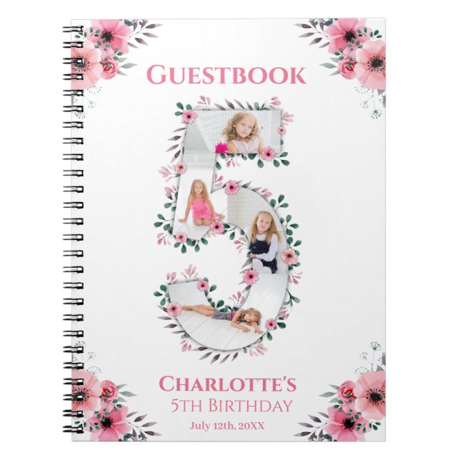 Big 5th Birthday Girl Photo Pink Flower livre d'in (Devant)