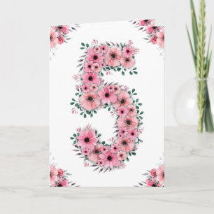 Big 5th Birthday Girl Pink Flowers Green Foliage Card