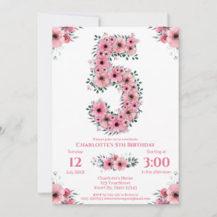 Big 5th Birthday Green Foliage Girl Pink Flowers Invitation