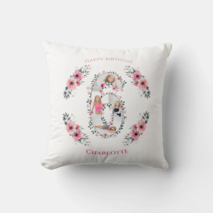 Big 6th Birthday Girl Photo Collage Pink Flower Throw Pillow