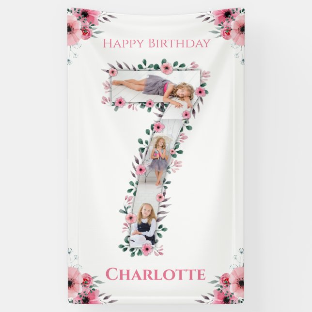 Big 7th Birthday Girl Photo Collage Pink Flower Banner (Vertical)