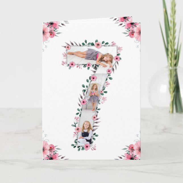 Big 7th Birthday Girl Photo Collage Pink Flower Card (Front)