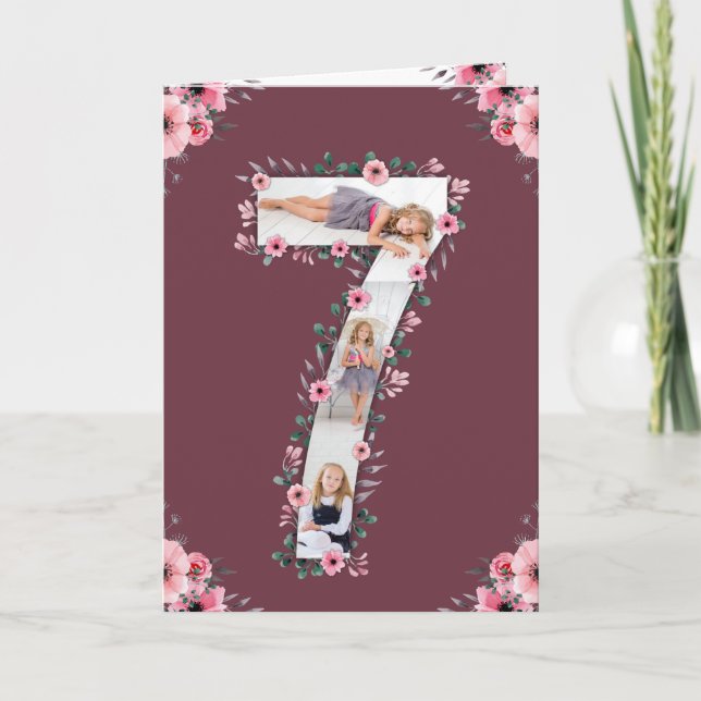Big 7th Birthday Girl Photo Collage Pink Flower Card (Front)