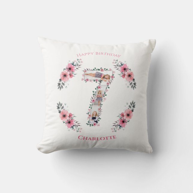 Big 7th Birthday Girl Photo Collage Pink Flower Throw Pillow (Front)