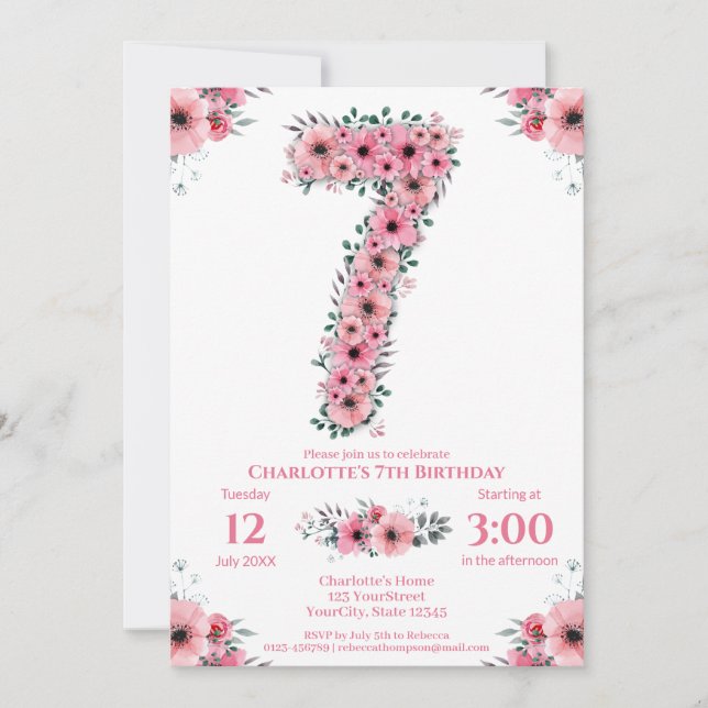 Big 7th Birthday Green Foliage Girl Pink Flowers Invitation (Front)