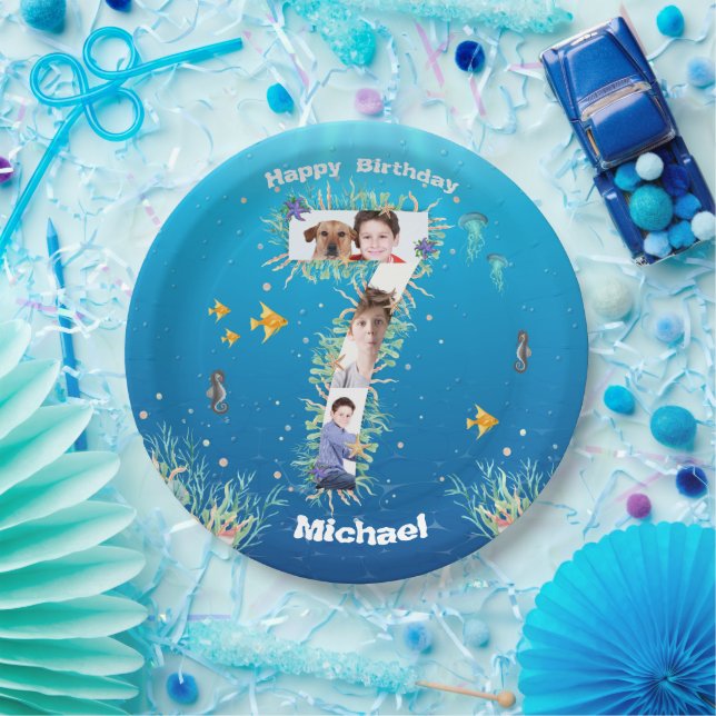 Big 7th Birthday Photo Collage Under The Sea Paper Plate (Party)