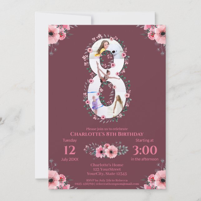 Big 8th Birthday Girl Photo Collage Pink Flower Invitation (Front)