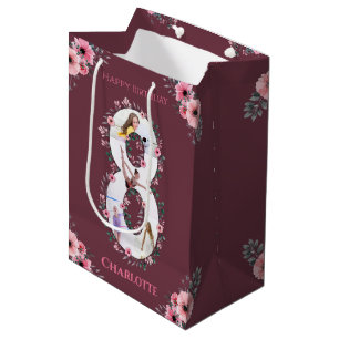 Big 8th Birthday Girl Photo Collage Pink Flower Medium Gift Bag