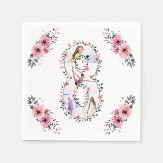Big 8th Birthday Girl Photo Collage Pink Flower Napkin (Front)