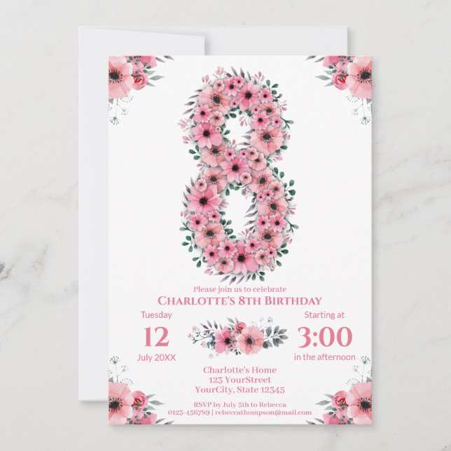 Big 8th Birthday Green Foliage Girl Pink Flowers Invitation (Front)