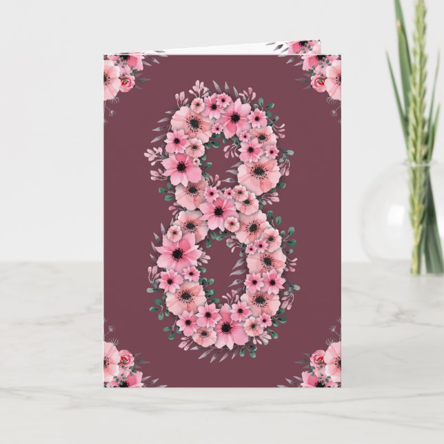 Big 8th Birthday Pink Flowers Green Foliage Girl Card (Front)