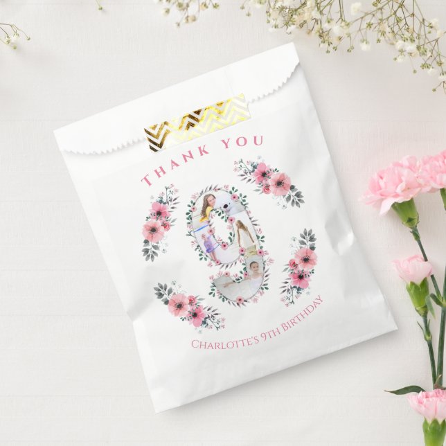 Big 9th Birthday Girl Photo Collage Pink Flower Favour Bag (Sealed)