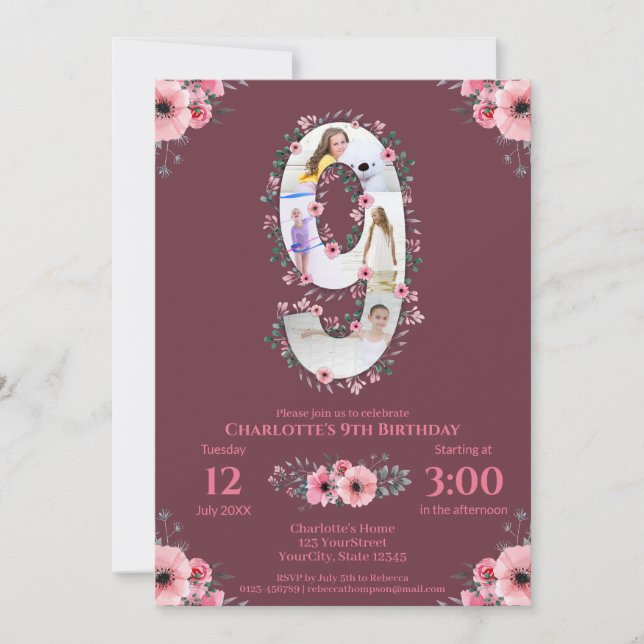 Big 9th Birthday Girl Photo Collage Pink Flower Invitation (Front)