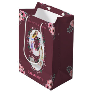Big 9th Birthday Girl Photo Collage Pink Flower Medium Gift Bag