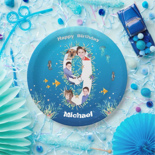Big 9th Birthday Photo Collage Under The Sea Paper Plate (Party)