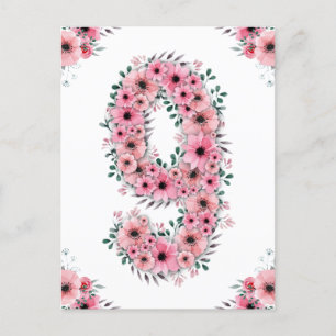 Big 9th Birthday Pink Flowers Girl Green Foliage Postcard