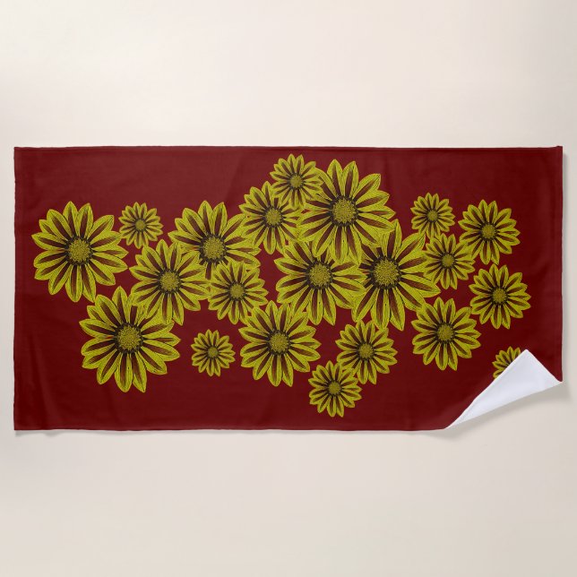 big and bold yellow flowers with red stripey daisy beach towel (Front)