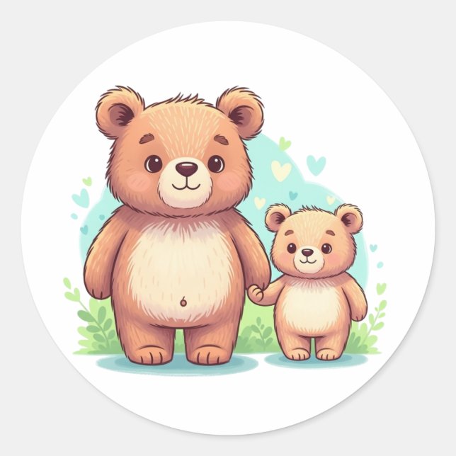 Big and Small Bear Holding Hands – Cute Kids Classic Round Sticker (Front)