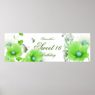 big Banner Birthday Pretty Green Floral White Poster