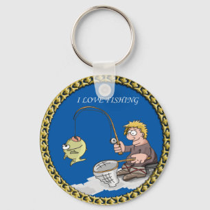 Big bass fisherman fishing on the ice keychain