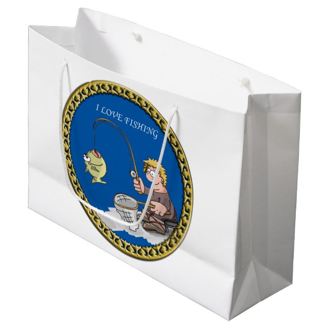 Big bass fisherman fishing on the ice large gift bag (Front Angled)