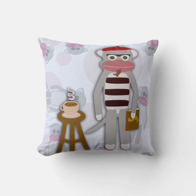 Big Beatnik Sock Monkey Fun Cartoon Design Throw Pillow (Front)