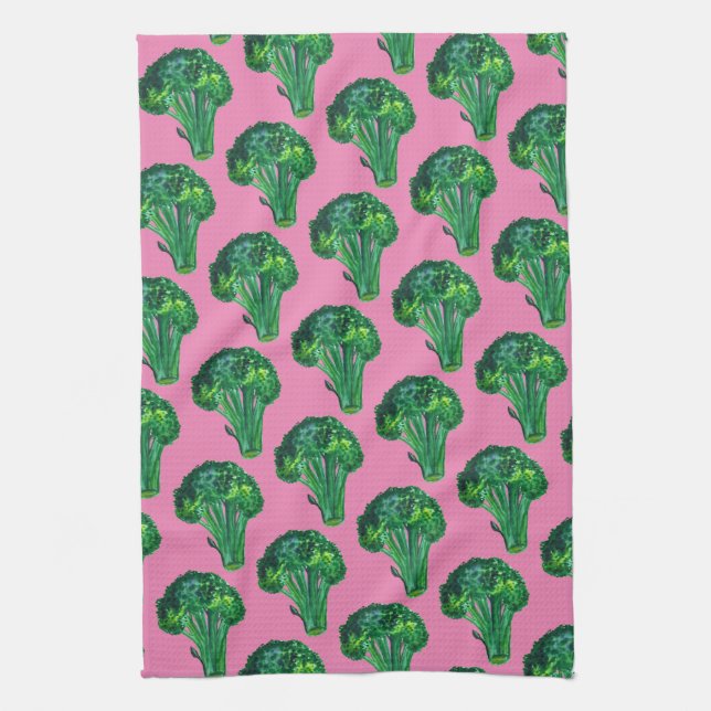 Big beautiful broccoli eat your veggies pink kitchen towel (Vertical)