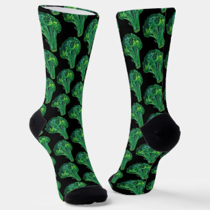 Big Beautiful Broccoli Fun Watercolor Black Socks