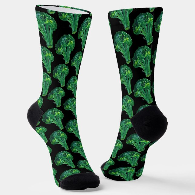 Big Beautiful Broccoli Fun Watercolor Black Socks (Angled)