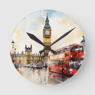 Big Ben and red bus in London Round Clock